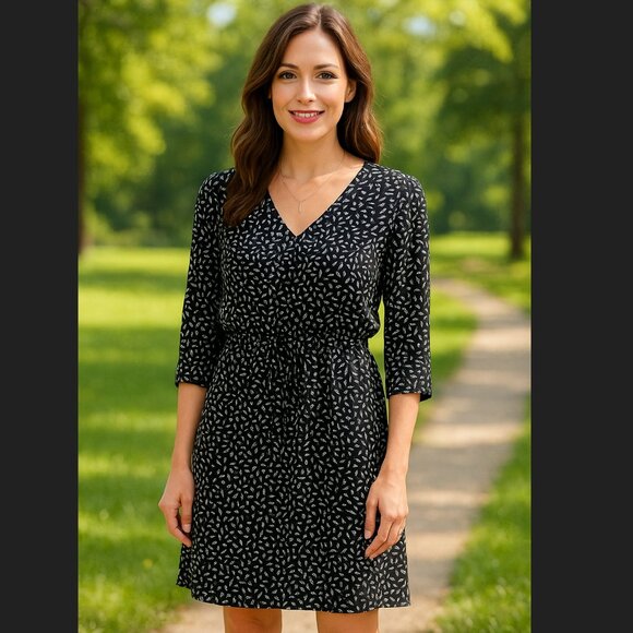 Garnet Hill Dresses & Skirts - Garnet Hill Dress Size 4 Black Geo Brush Stroke V-Neck 3/4 Sleeve Tie Waist Boho